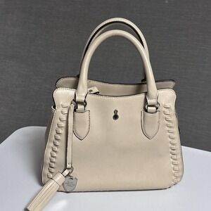 London Fog Satchel Top Double Handle Bag Beige Faux Leather Tassel Purse Medium